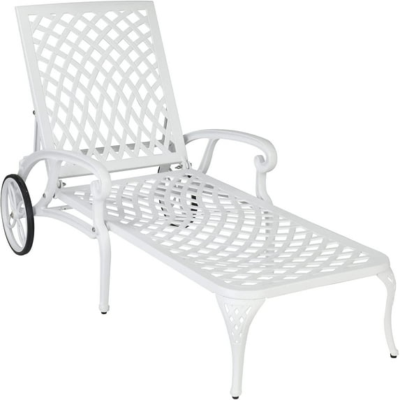 VINGLI Cast Aluminum Outdoor Chaise Lounge Chair with Wheels, Tanning Chair with 3-Position Adjustable Backrest, Patio Chaise Lounge Reclining Chair Poolside Lounge Chair (White, Without Cushion)