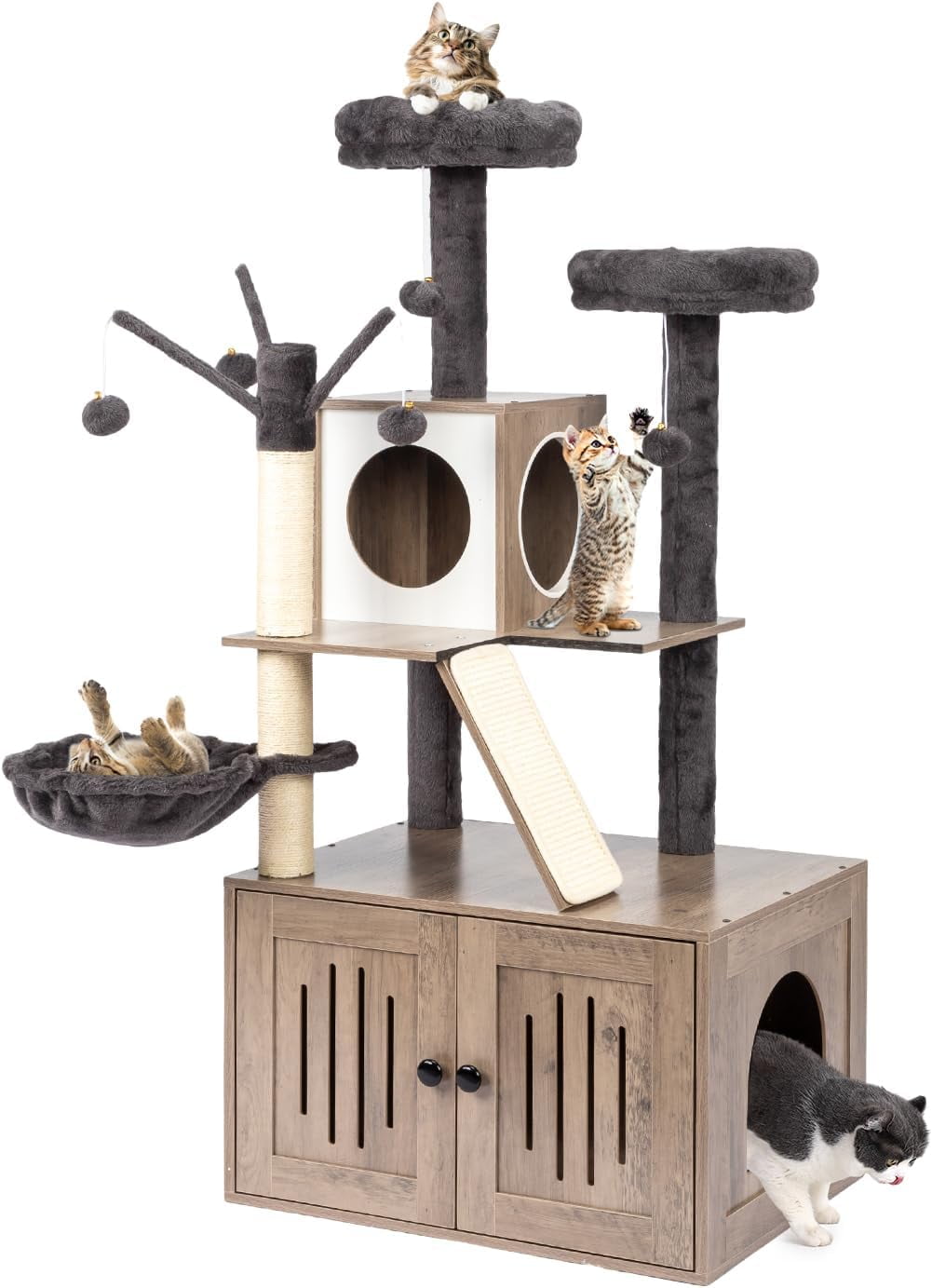 VINGLI Cat Tree Tower with Litter Box, Houses for Indoor Kittens, 53" All-in-1 Wooden Cats Condo, Cat Tower wih Scratching Posts, Hidden Cat Washroom Furniture, Gray