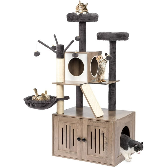 VINGLI Cat Tree Tower with Litter Box, Houses for Indoor Kittens, 53" All-in-1 Wooden Cats Condo, Cat Tower wih Scratching Posts, Hidden Cat Washroom Furniture, Gray