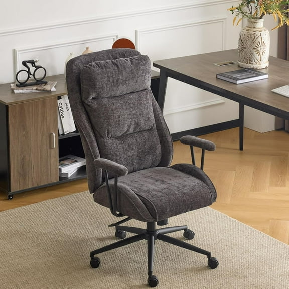 VINGLI Chenille Executive Ergonomic Fabric Office Chair with 100-130° Recline, High-Back Desk Chair with Adjustable Base &Padded Back & Wheels, Comfy Chair for Gaming, Computer, Home Office,Dark Gray
