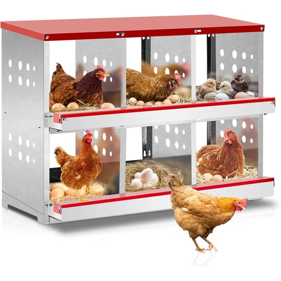 VINGLI Chicken Nesting Box, 6 Compartments Roll Away Nesting Boxes for Chickens, Two-Tier Metal Chicken Egg Laying Box