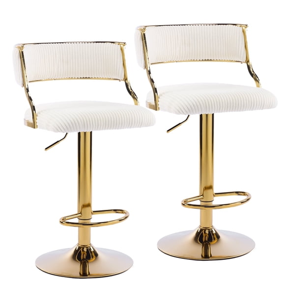 VINGLI Counter Height Bar Stools Set of 2, Modern Velvet Adjustable Swivel Barstools w/Hollow Backs, Metal Legs for Kitchen Island, Armless Hydraulic Kitchen Counter Bar Stool, White