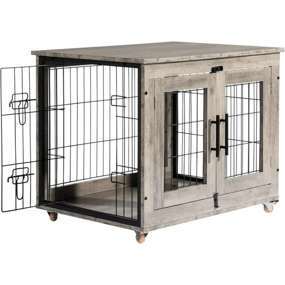 VINGLI Dog Crate Furniture, 32 inch Dog Kennel Indoor with Wheels, Heavy Duty Dog Cage with Double Doors End Table Decorative, Light Gray