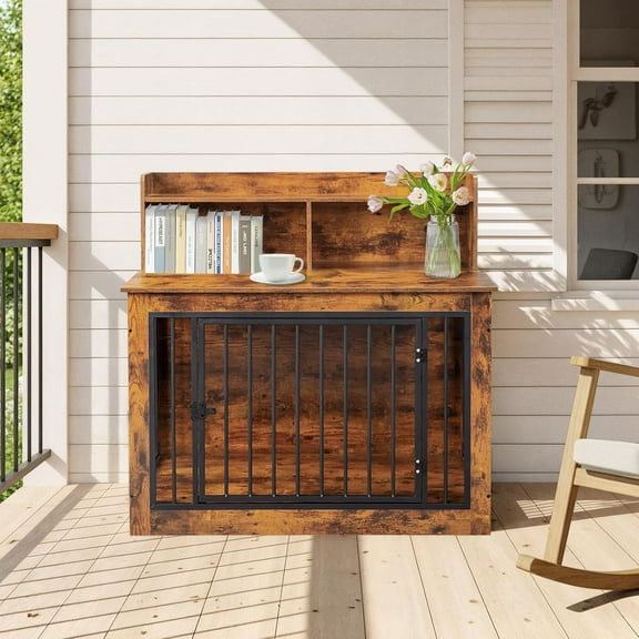VINGLI Dog Crate Furniture, 41 inch Dog Kennel Indoor with Storage, Heavy Duty Wooden Dog Cage End Table Decorative, Rustic Brown