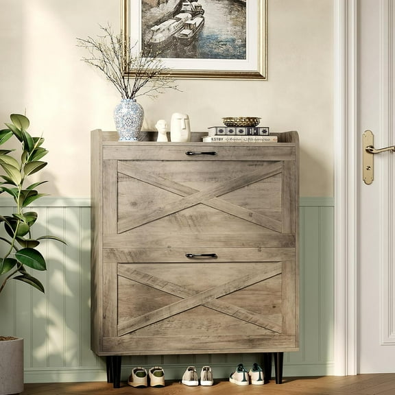 VINGLI Farmhouse Shoe Cabinet with 2 Flip Drawers, 31.6" Ultra Slim Hidden Storage Organizer for Entryway, Rustic Brown & Wood Tapered Legs