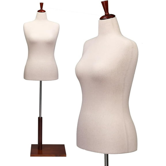 VINGLI Female Dress Form, Mannequin Torso Body with Adjustable Wood Stand for Dress Display Clothes Design, Pinnable Manikin (White, 10-12)