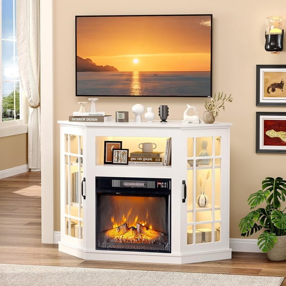 VINGLI Fireplace Corner TV Stand up to 55 inch TVs, Modern Entertainment Center with Electric Fireplace Heater & Glass Doors and Open Shelf, Fireplace Media Console Table with LED Light, Living Room