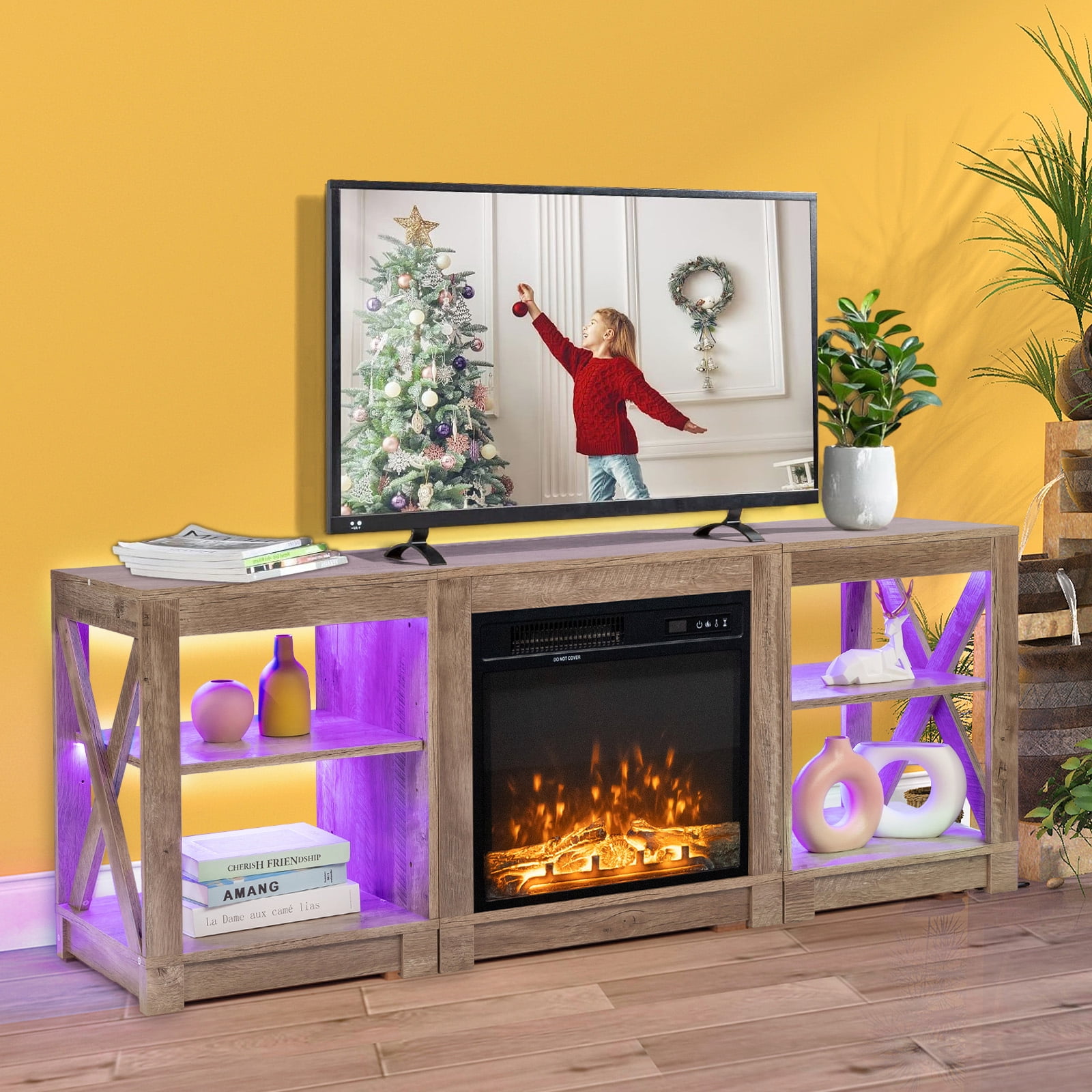 VINGLI 65 inch TV Stand, Oak Gray, Upgraded Fireplace, 3 Color Flame ...