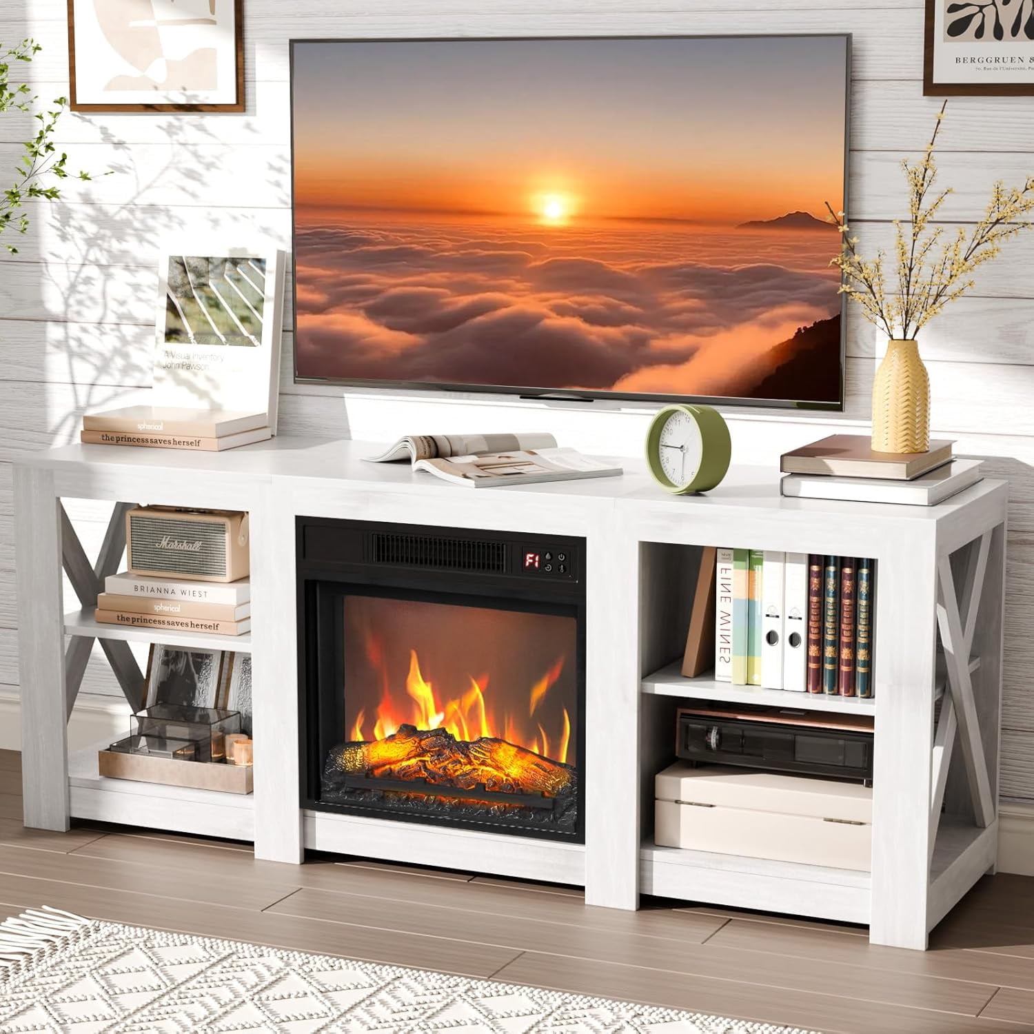 VINGLI Fireplace TV Stand up to 80 inch TVs, Farmhouse Entertainment ...