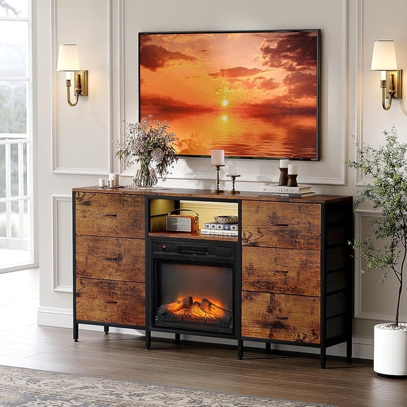 VINGLI Fireplace TV Stand Dresser with Fabric Drawer, Entertainment Center with LED Lights and Industrial TV Console Table with Open Storage Shelves for Living Room, Bedroom