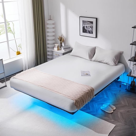 VINGLI Floating Bed Frame Queen with USB Charging Station/LED Lights, 14'' Platform Bed Frame Queen Size Heavy Duty Metal Bed, No Box Spring Needed,Black