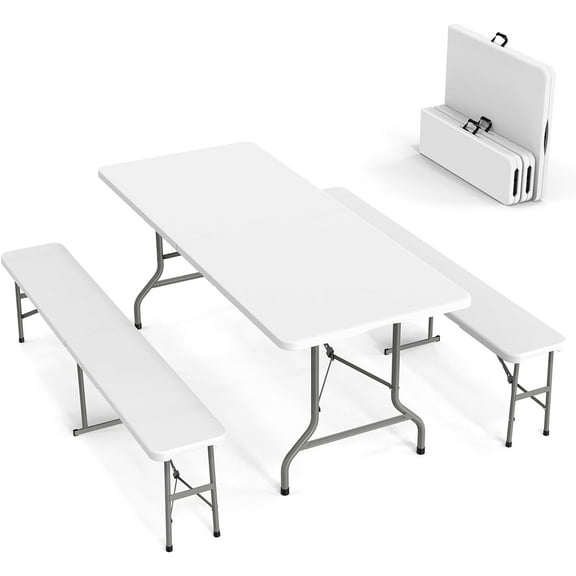 VINGLI Foldable Camping Table with Chairs, White