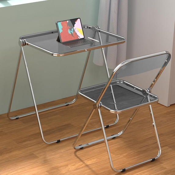 VINGLI Folding Acrylic Table and Chair Set Small TV Tray for Snack Dinner on Couch, Tiny Foldable Desk Writing Desk for Home Office for Small Spaces