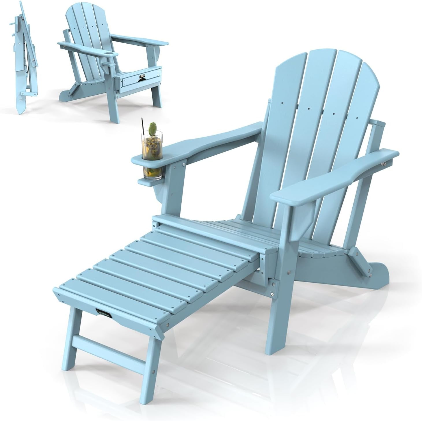 VINGLI Folding Adirondack Chair with Ottoman Waterproof Plastic HDPE Firepit Chair for Outside with Hidden Footrests Blue Walmart Business Supplies