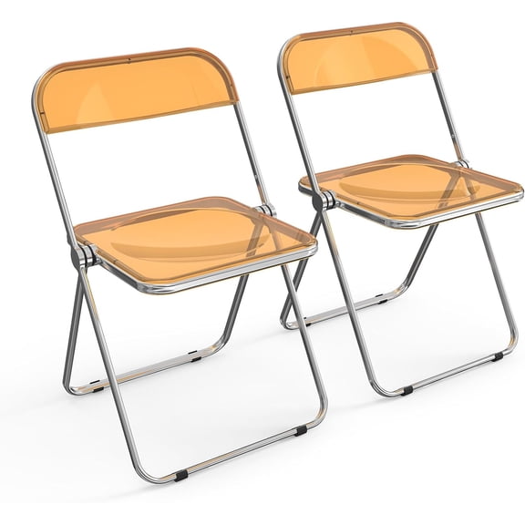 VINGLI Folding Chairs 2 Pack, Clear Chair Foldable and Stackable, Acrylic Plastic Panel & Metal Chrome Frame, Weight Capacity 350 lbs, Orange