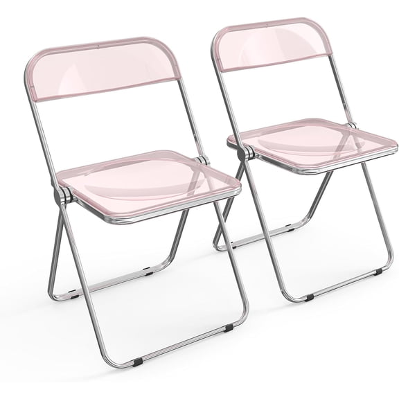 VINGLI Folding Chairs 2 Pack, Clear Chair Foldable and Stackable, Acrylic Plastic Panel & Metal Chrome Frame, Weight Capacity 350 lbs, Pink