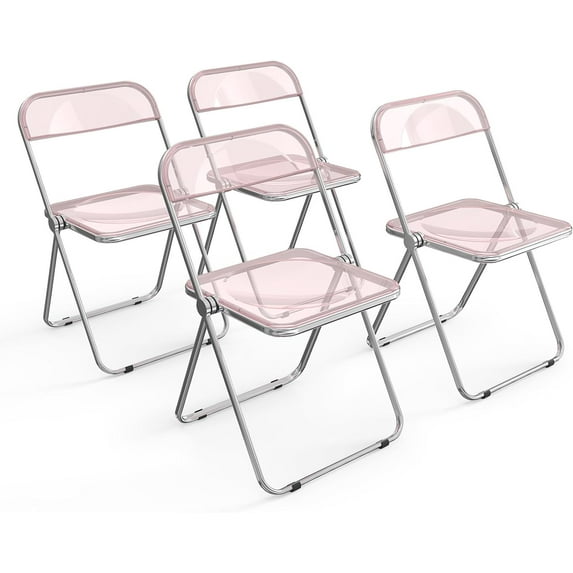 VINGLI Folding Chairs 4 Pack, Clear Chair Foldable and Stackable, Acrylic Plastic Panel & Metal Chrome Frame, Weight Capacity 350 lbs, Pink