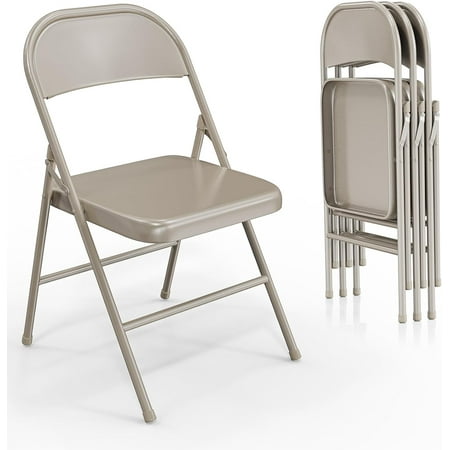 JOYMOR Folding Chairs All Steel Metal Frame, Capacity 350 lbs, Durable Portable and Versatile for Indoor Outdoor Use, Khaki, Set of 4