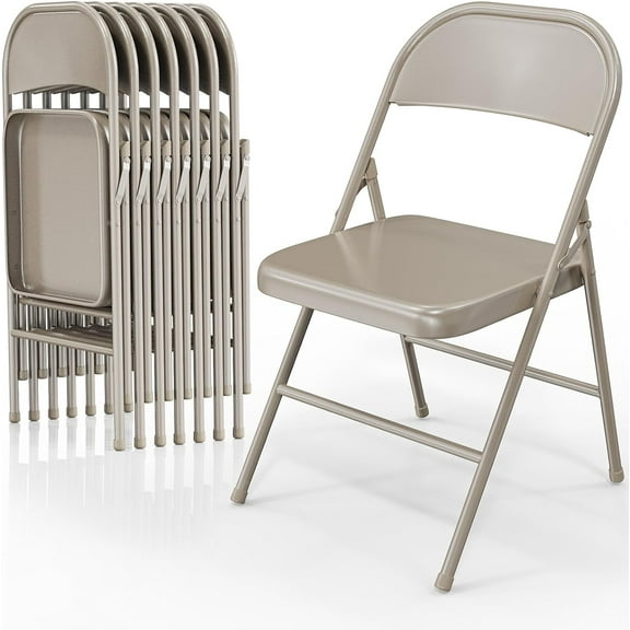 VINGLI Folding Chairs All Steel Metal Frame, Capacity 350 lbs, Durable Portable and Versatile for Indoor Outdoor Use, Khaki, Set of 8