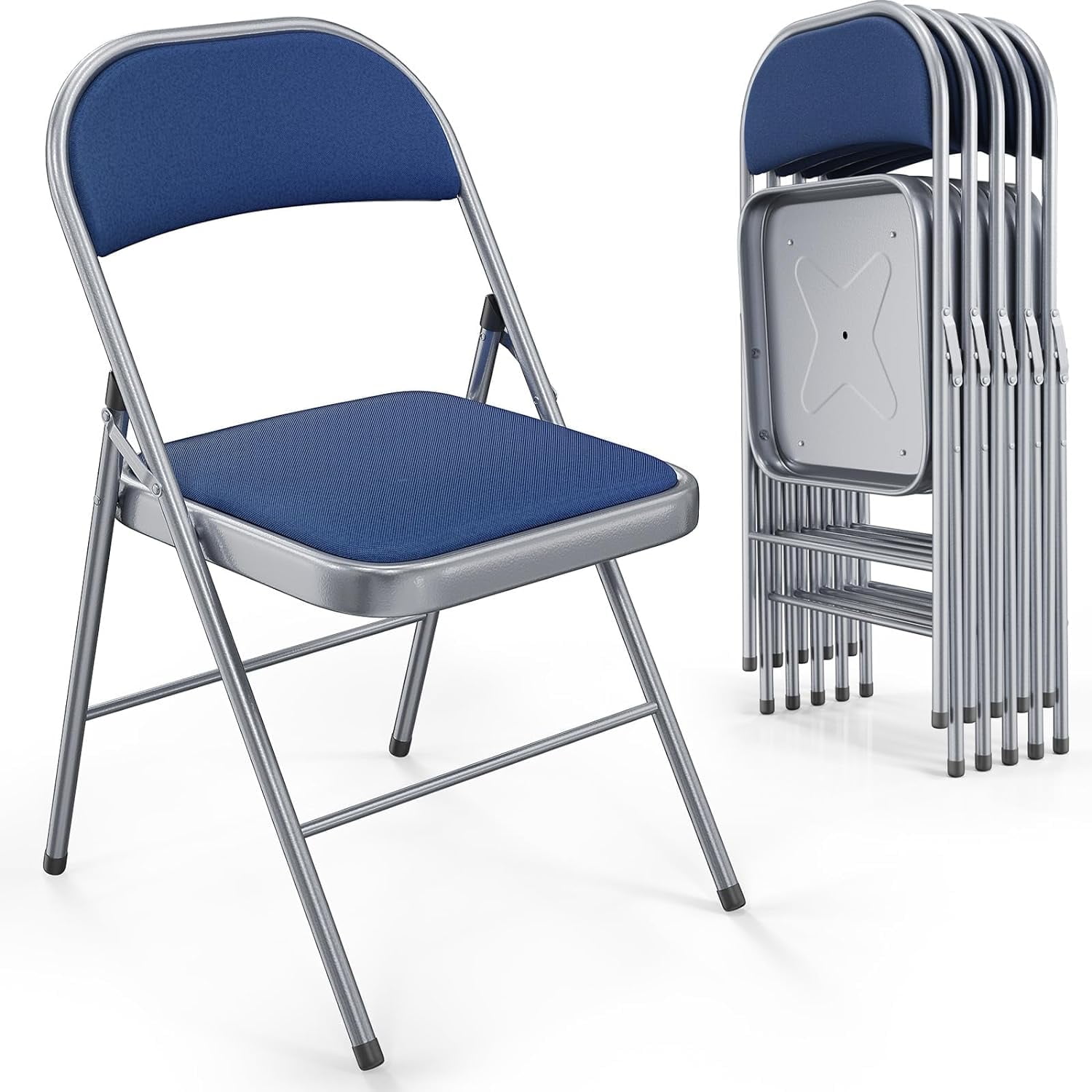 VINGLI Folding Chairs with Padded Seats, Metal Frame with Fabric Seat & Back, Capacity 350 lbs, Blue, Set of 6