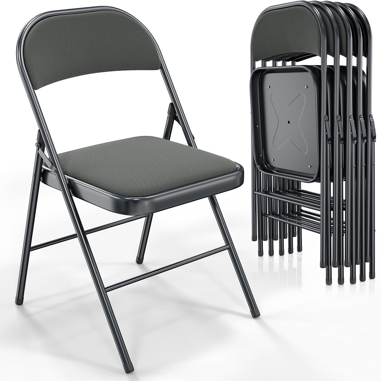 VINGLI 6Pack HeavyDuty Folding Chairs, Padded Seats, Metal Frame, 350 lbs, Gray