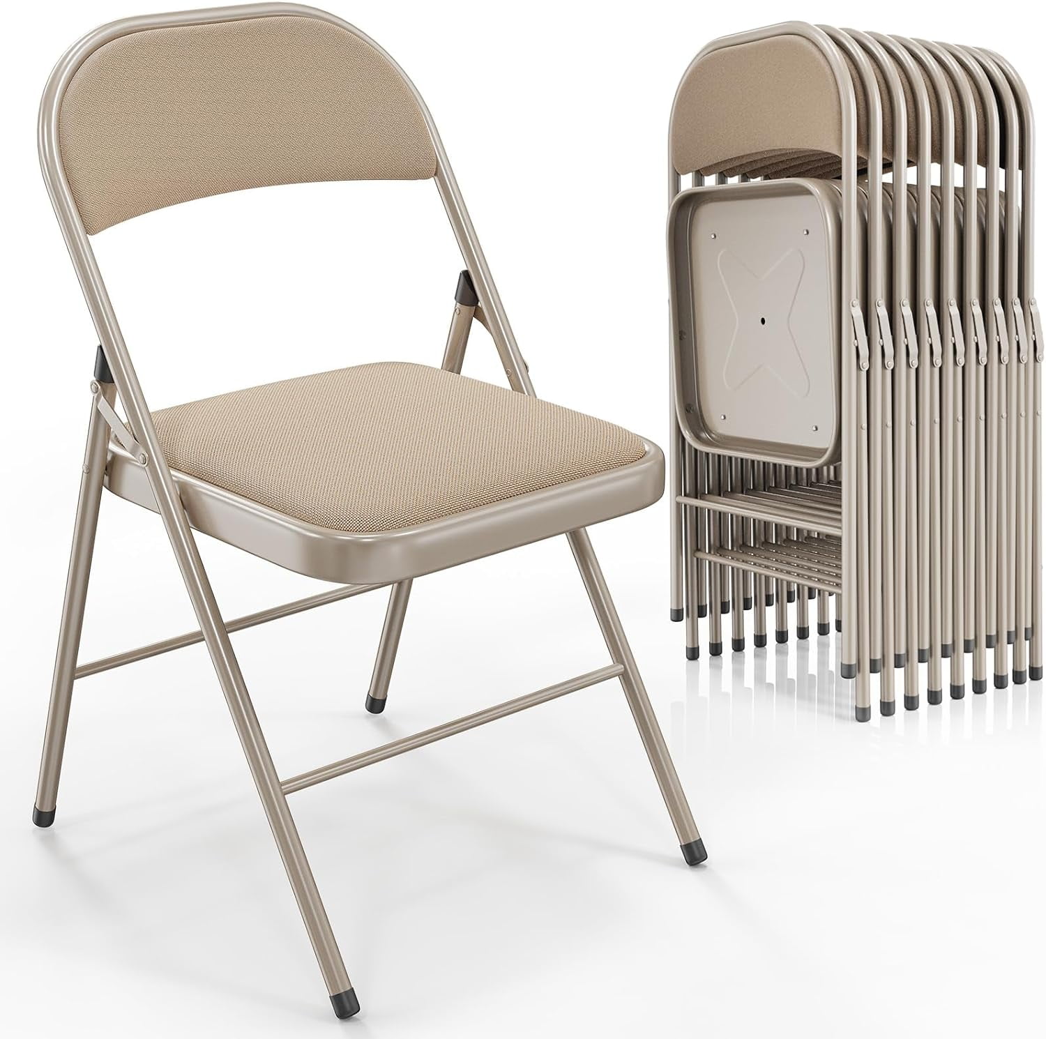 VINGLI Folding Chairs with Padded Seats, Metal Frame with Fabric Seat & Back, Capacity 350 lbs, Khaki, Set of 10
