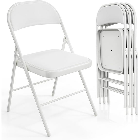 VINGLI Folding Chairs with Padded Seats, Metal Frame with Pu Leather Seat & Back, Capacity 350 lbs, White, Set of 4
