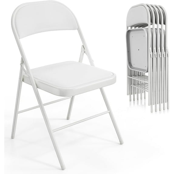 VINGLI Folding Chairs with Padded Seats, Metal Frame with Pu Leather Seat & Back, Capacity 350 lbs, White, Set of 6