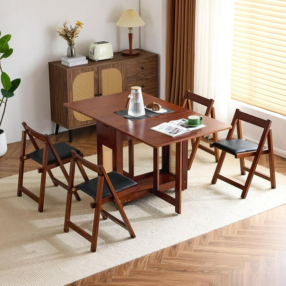 VINGLI Folding Dining Table Extendable Drop Leaf Foldable Table 5 Piece with 4 Chairs 2 Drawers and Wheels for Kitchen Space Saving，Natural