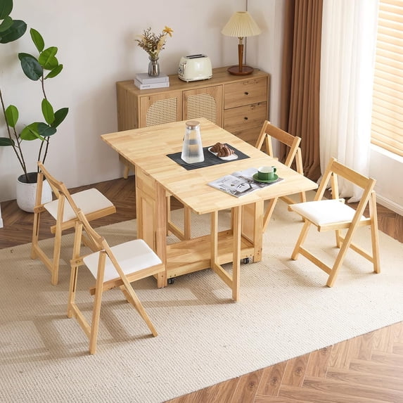 VINGLI Folding Dining Table Extendable Drop Leaf Foldable Table 5 Piece with 4 Chairs 2 Drawers and Wheels for Kitchen Space Saving,Natural