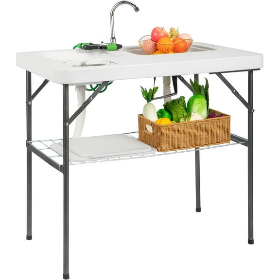 VINGLI Folding Fish Cleaning Table with 2 Sink, Outdoor Portable Camping Table with Grid Rack & Sprayer, Cutting Table with Drainage Hose Stainless Steel Faucet for Patio Backyard BBQ