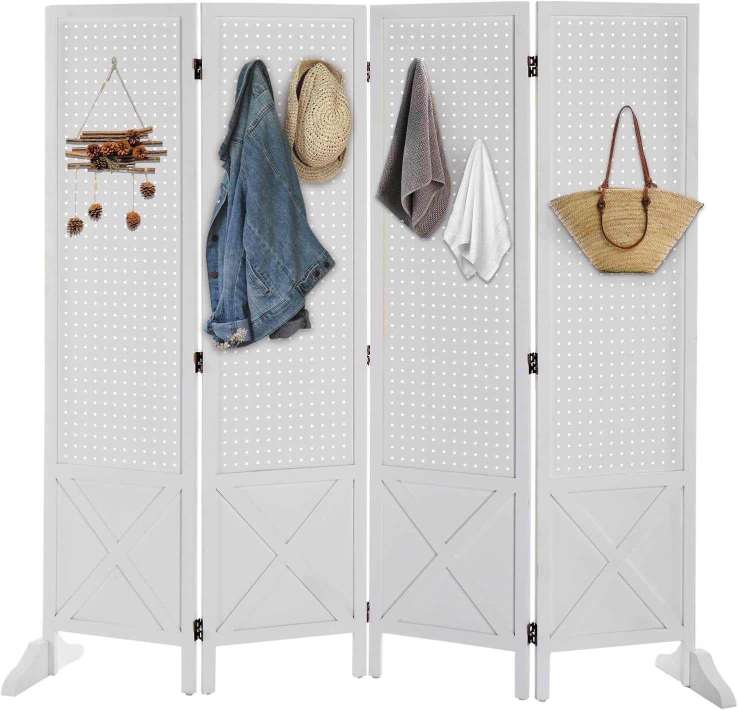 VINGLI Freestanding Pegboard with Support Feet, 5 FT Wood Room Divider Display Board Organizer, Folding Privacy Screen Partition Space Separator for Craft Shows Events Retail