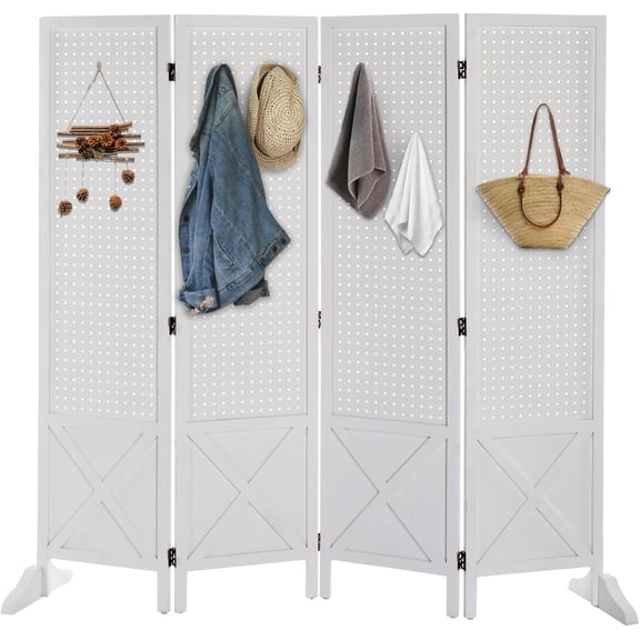 VINGLI Freestanding Pegboard with Support Feet, 5 FT Wood Room Divider Display Board Organizer, Folding Privacy Screen Partition Space Separator for Craft Shows Events Retail (White, 4 Panel)