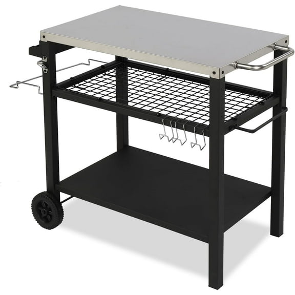 VINGLI Grill Cart with Wheels, Metal Kitchen Pizza Oven Food Cart Rolling Dining Table Worktable with Garbage Bag Holder and Spice Rack, BBQ Food Prep Table Cart,33L x 20 W (Metal)
