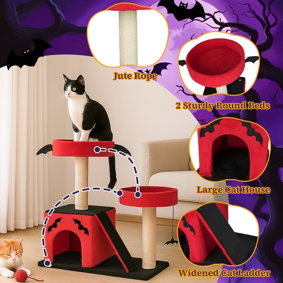 VINGLI Halloween Cat Toy & Scratch Post, Halloween-Themed Cat Climbing Tree with Cat Condo, Spooky Cat Tower in Multiple Sizes