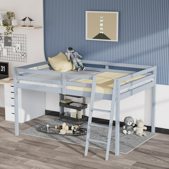 VINGLI Junior Low Loft Bed with Stairs,Gray Wood Loft Bed Full Size for Adults and Young Teens, No Box Spring Required,Wood Slat Support,Grey