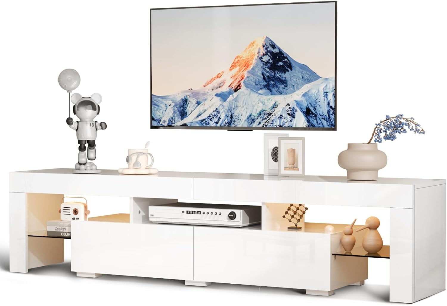 VINGLI LED TV Stand, 63'' High Glossy Modern Entertainment Center with LED Lights and Storage for 55/60/65/70 Inch TV (White, 63'' x 14'' x 18'')