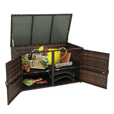 VINGLI Outdoor 88 Gallon Rattan Deck Box with Openable Doors, Brown