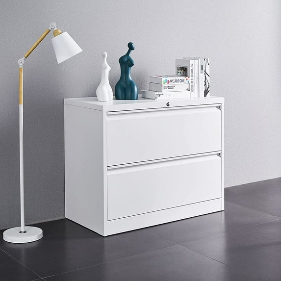 VINGLI Lateral File Cabinet Lockable with 2 Drawers, Metal File Cabinet Printer Stand and Filing Cabinet for Home Office, Assembly Required, White
