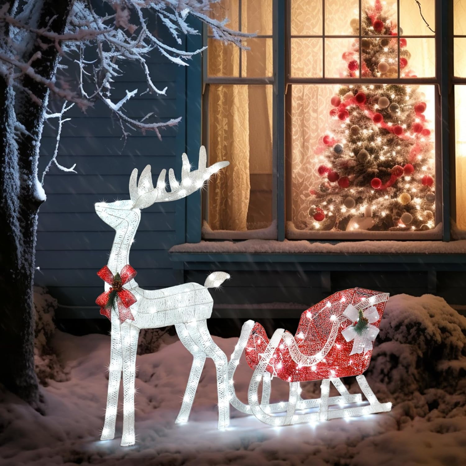 VINGLI Prelit Outdoor Xmas Decor, Lighted Reindeer & Sleigh, 180 LED