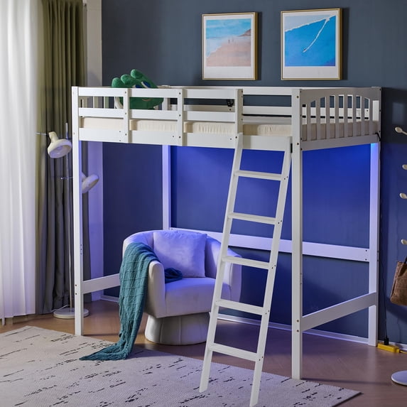 VINGLI Loft Bed with USB Charging Station/LED, Solid Wood Single Loft Bunk Bed with Flat Rungs for Teens/Adults, 15 inches High Guardrail,Wood Slat Support No Box Spring Needed