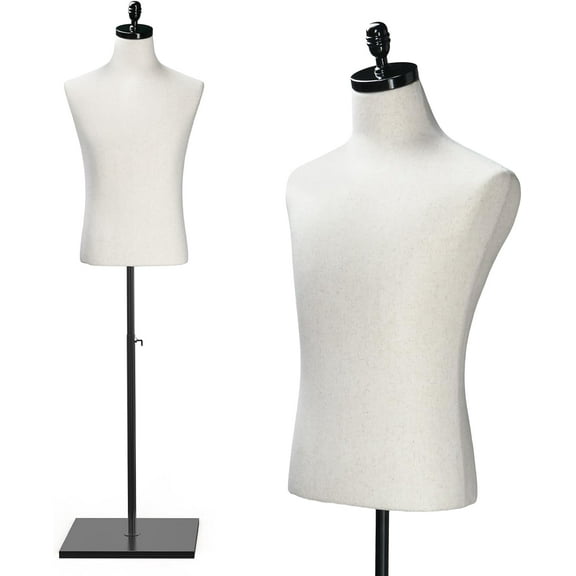 VINGLI Male Mannequin Torso with Wooden/Metal Stand, Adjustable Height Male Dress Form Body for Clothing Display and Sewing