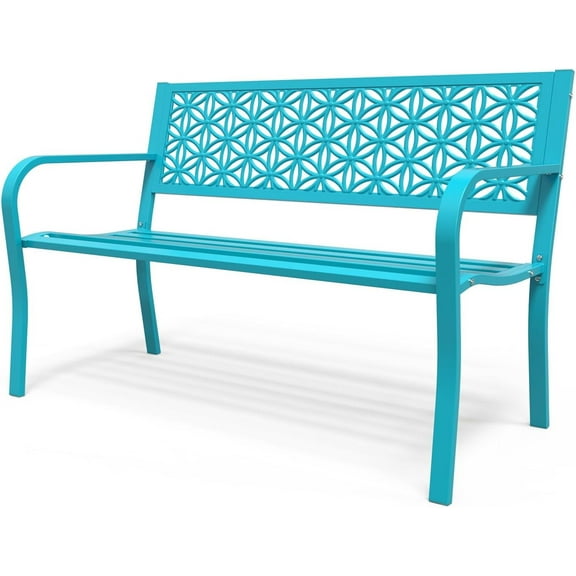 VINGLI Metal Beautiful Floral Back and Waterproof Frame Outdoor Bench, Blue