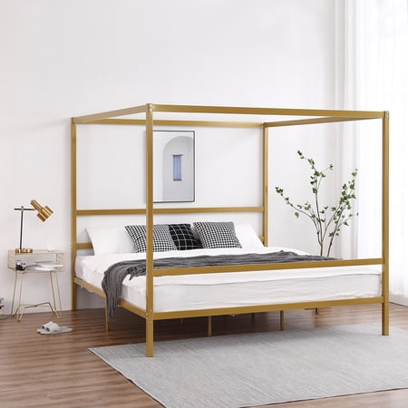 VINGLI Metal Canopy Bed Frame King with Headboard, Four Poster Bed Frame King, Gold
