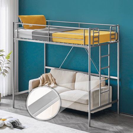VINGLI Metal Loft Bed with Stairs and Flat Rung, Junior Loft Bed Twin Size High Loft Bed for Kids/Teens/Adults, No Box Spring Required, Grey