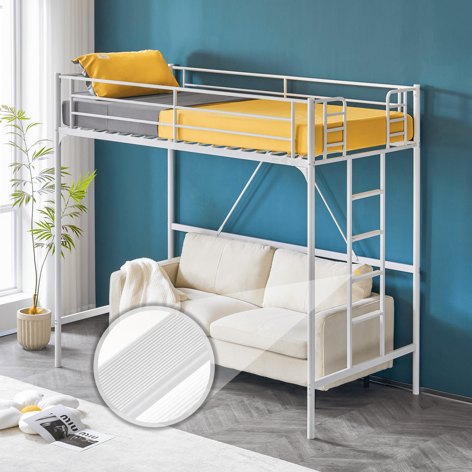 VINGLI Metal Loft Bed, Twin Size, High Loft with Stairs, No Box Spring Required, White