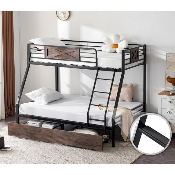 VINGLI Metal Twin/Full/Drawers Bunk Bed with Flat Rungs Black/Brown