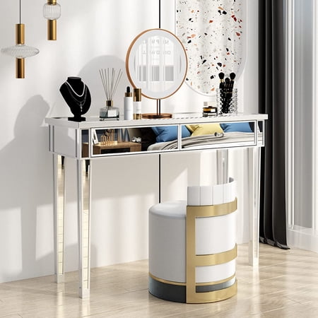 VINGLI Mirrored Console Table with 2 Drawers Mirrored Desk for Entryway Silver Vanity Table for Bedroom Modern Sofa Table