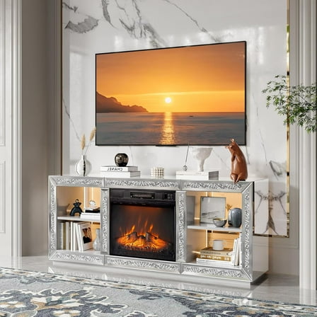 VINGLI Mirrored Fireplace TV Stand for 70" TV, Diamond Entertainment Center with Shelves ＆ 20 Color LED Lights, Media Console Table with 18'' Electric Fireplace for Living Room/Bedroom (Assembled)