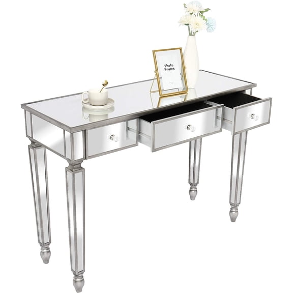 VINGLI Mirrored Vanity Desk with 3 Drawers, Modern Console/Sofa/Makeup Desk for Bedroom/Living Room/Entryway, Silver